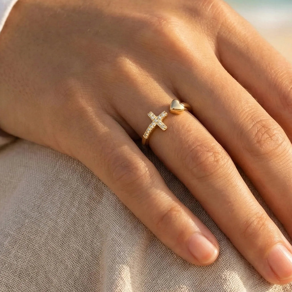 18K Gold Plated Heart Cross Ring – CZ Adjustable Open Band Fashion Ring SPOT