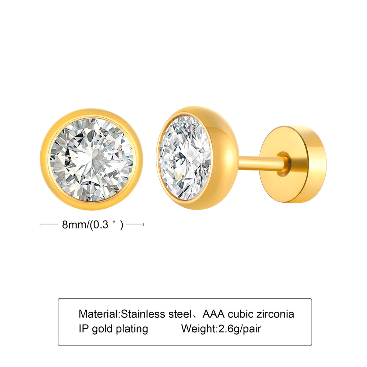 8mm Round CZ Stud Earrings – Bezel Set Cubic Zirconia, Unisex CZ Stud Earrings SPOT