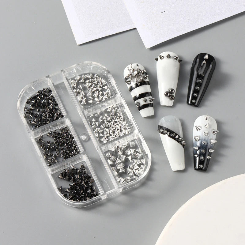Y2K Punk Metal Rivet Nail Charms – 6-Grid Black & Silver Studs Nail Art Charms SPOT ZB99-1