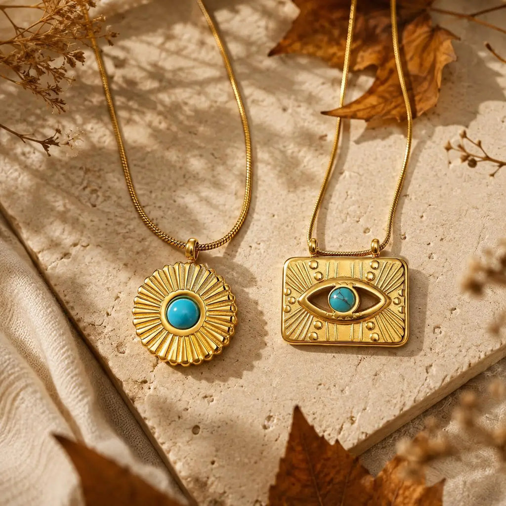 Turquoise Evil Eye Sunflower Pendant Necklace | Gold Pendant Necklace SPOT