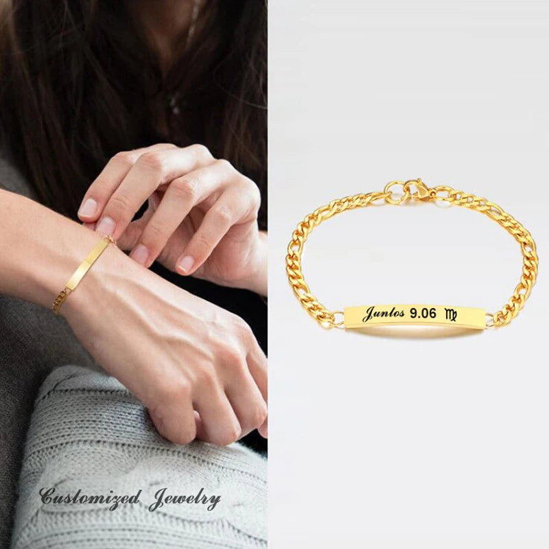 Custom Engraved Figaro Link ID Bracelet – Stainless Steel ID Bar Bracelet SPOT
