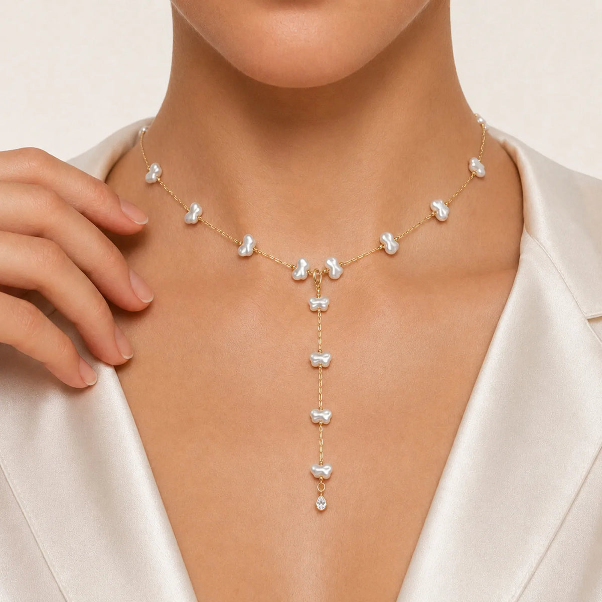 Butterfly Pearl Y-Drop Lariat Necklace | 18K Gold Plated CZ Lariat Necklace SPOT