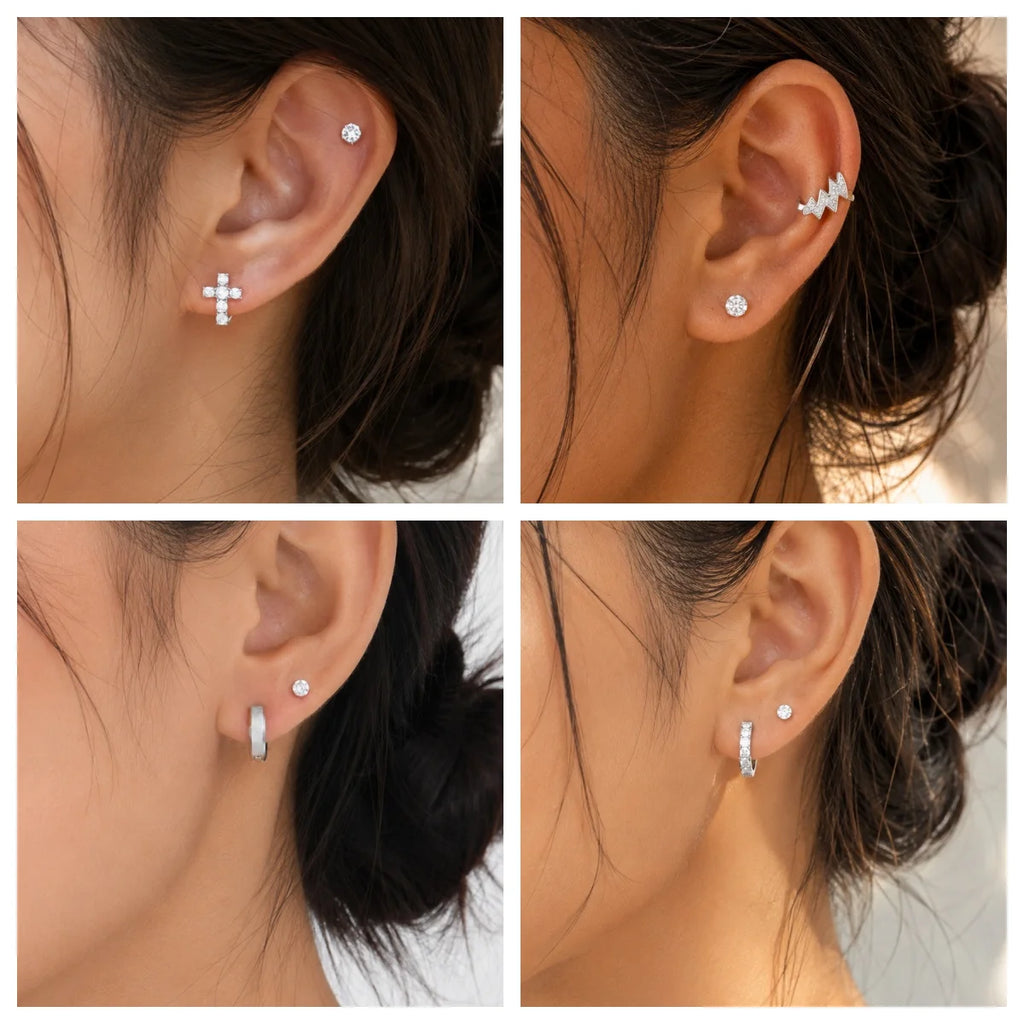 Silver CZ Stud Earrings – Cubic Zirconia Stackable Set 2 Pairs CZ Stud Earrings SPOT