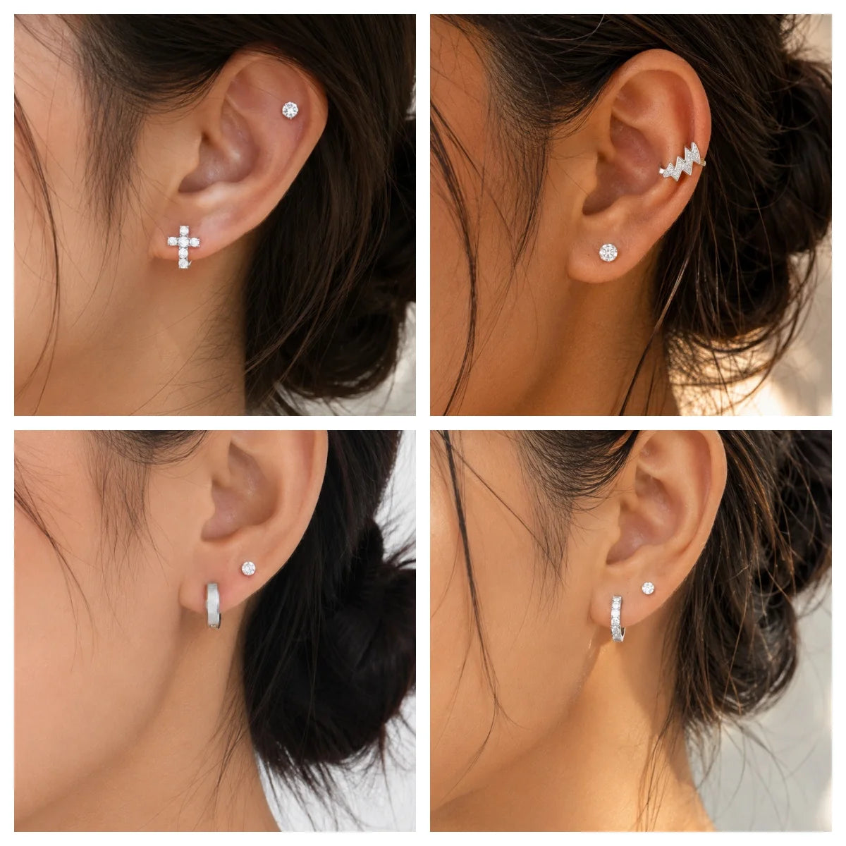 Silver CZ Stud Earrings – Cubic Zirconia Stackable Set 2 Pairs CZ Stud Earrings SPOT