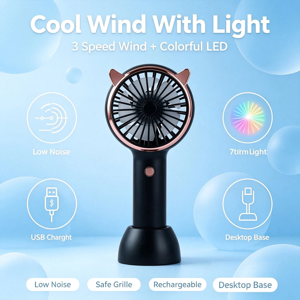 Cat Ear Mini Handheld Desk Fan – USB Rechargeable, LED Light Handheld Desk Fan SPOT