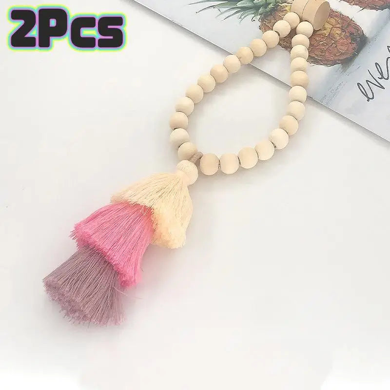 Bohemian Wooden Bead Magnetic Curtain Tie Backs with Tassel – 2Pk Curtain Tie Backs SPOT Pink