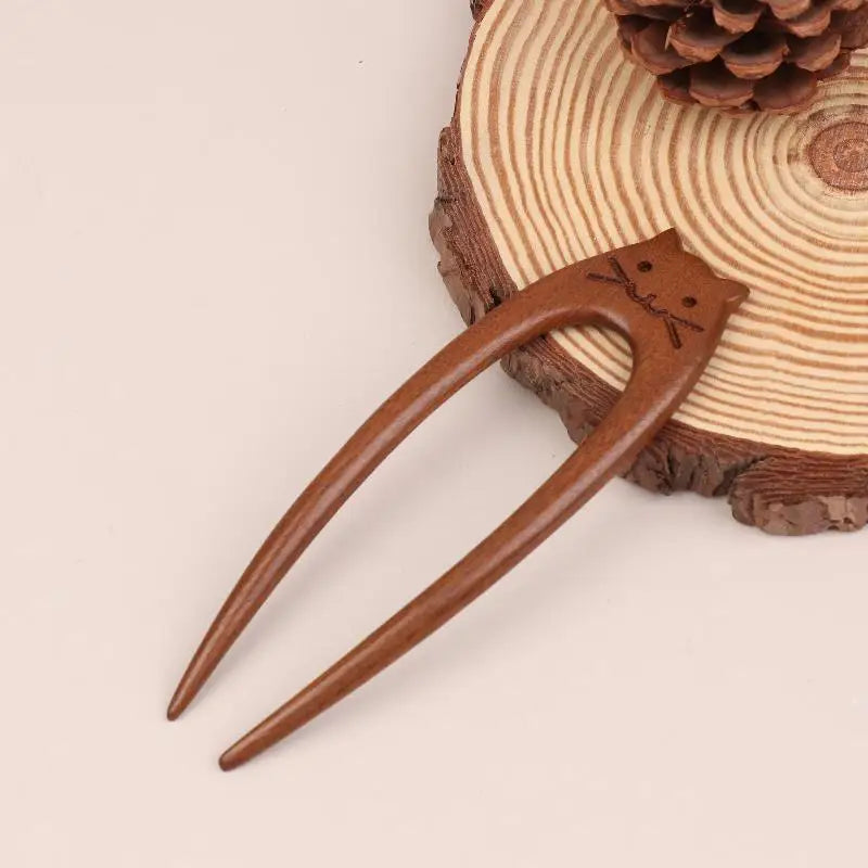 Wooden U-Shape Hair Stick Fork – Cat & Butterfly Chinese Style Wooden Hair Stick SPOT 08