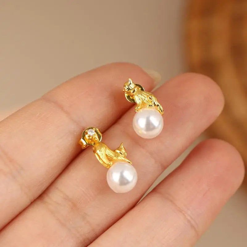 Funny Cat Pearl Stud Earrings – Asymmetric Animal Jewelry Stud Earrings SPOT