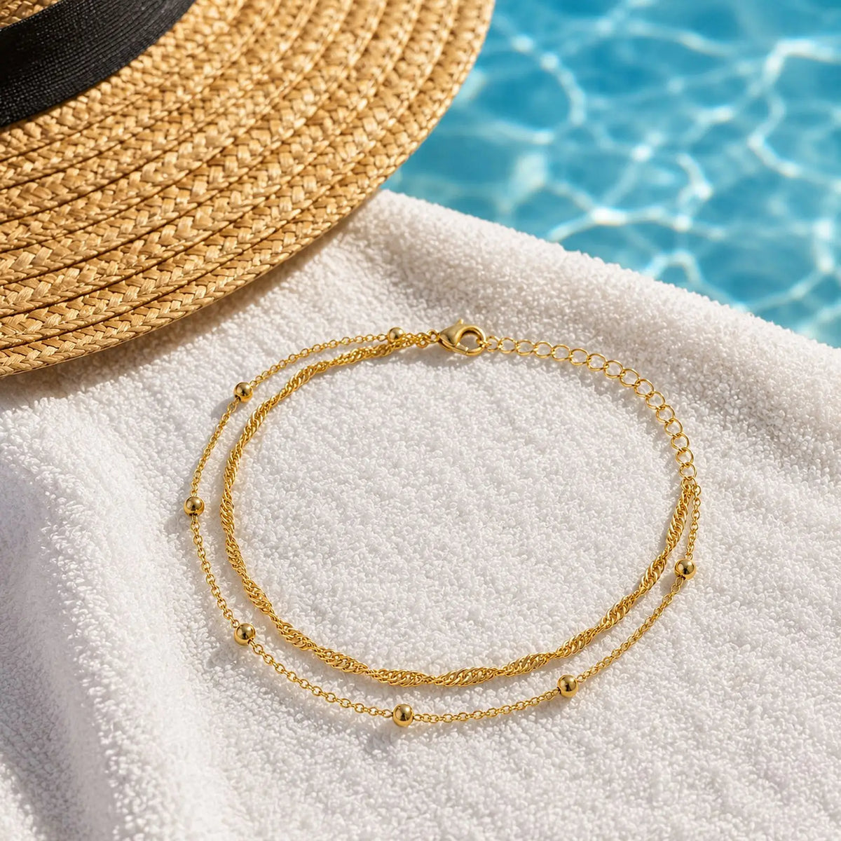 Meaeguet Gold Double Layer Bead Anklet – Tarnish-Free Stainless Steel Bead Anklet SPOT