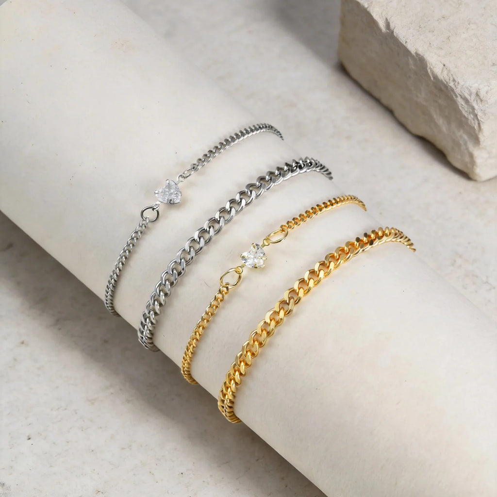 Matching Couple Bracelets – Cuban Link CZ Heart Stainless Steel Couple Bracelet Set SPOT