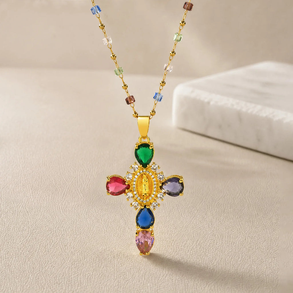 Multicolor CZ Cross Necklace – 18K Gold Plated Stainless Steel Cross Pendant Necklace SPOT