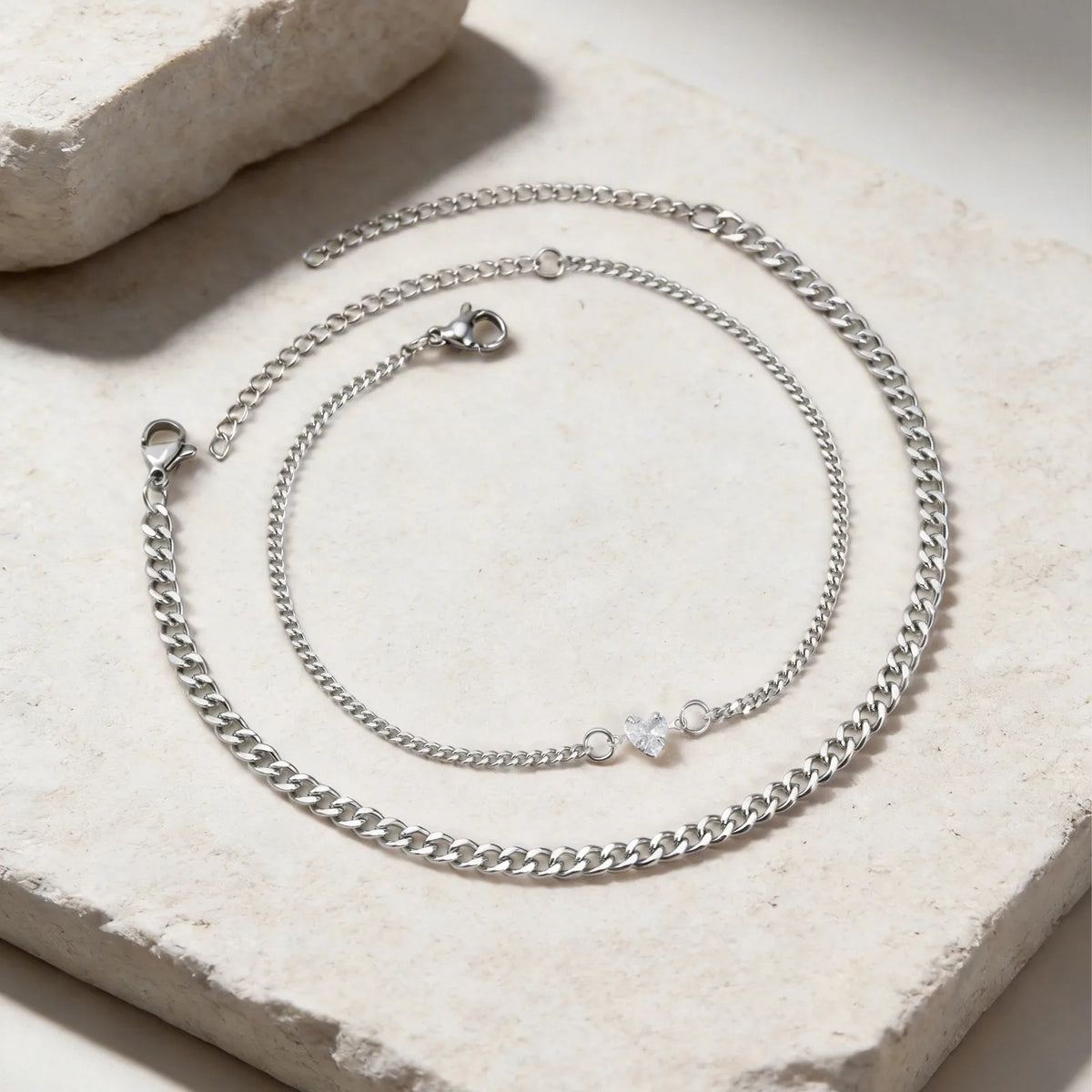 Matching Couple Bracelets – Cuban Link CZ Heart Stainless Steel Couple Bracelet Set SPOT
