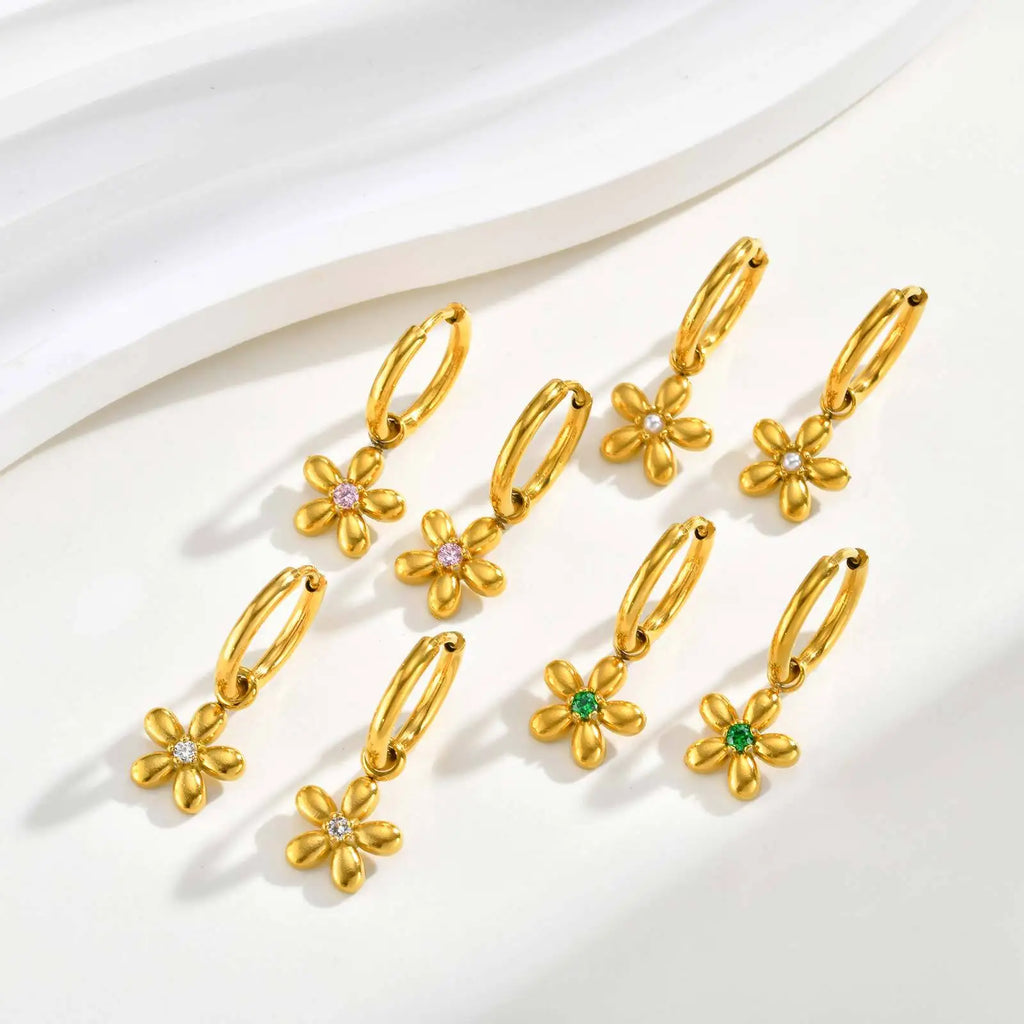Zircon Flower Huggie Hoop Earrings | 18K Gold Plated Steel Huggie Hoop Earrings SPOT