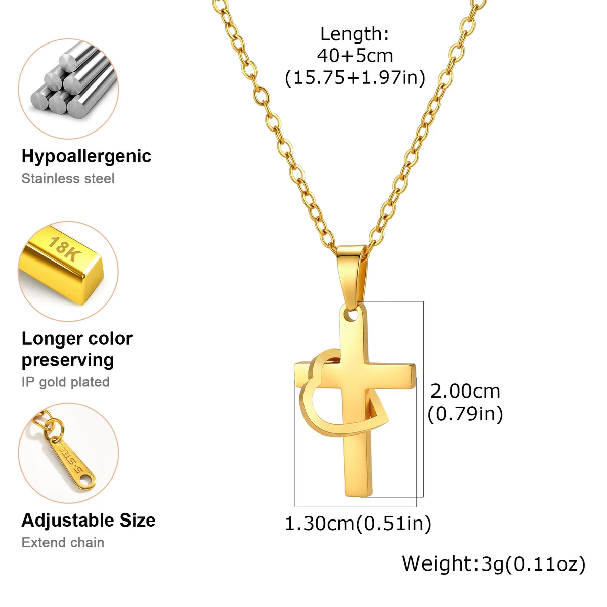 Heart Cross Pendant Necklace – 18K Gold Stainless Steel Cross Pendant Necklace SPOT