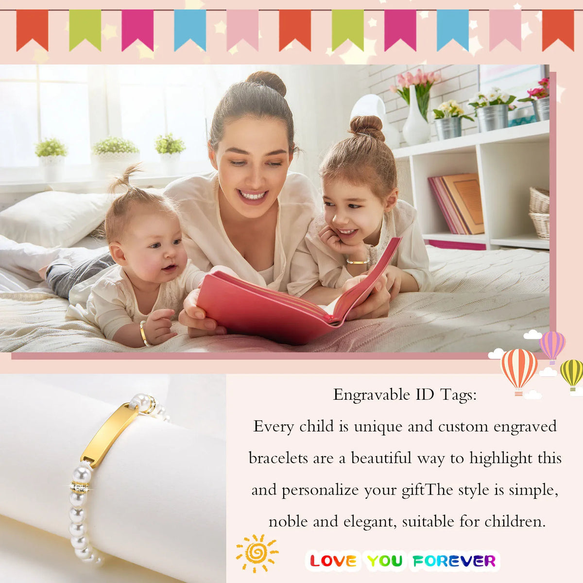 Personalized Kids ID Name Bracelet – Pearl Chain, Adjustable Kids ID Bracelet SPOT