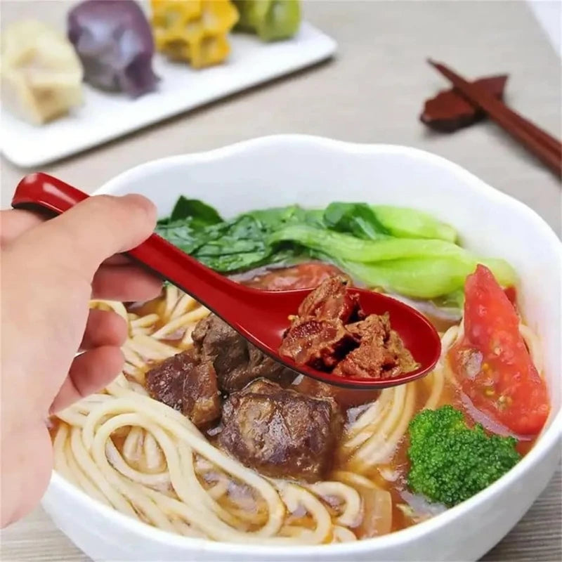 5-Pack Asian Soup Spoons with Hook – Chinese Style Red & Black Asian Soup Spoons SPOT