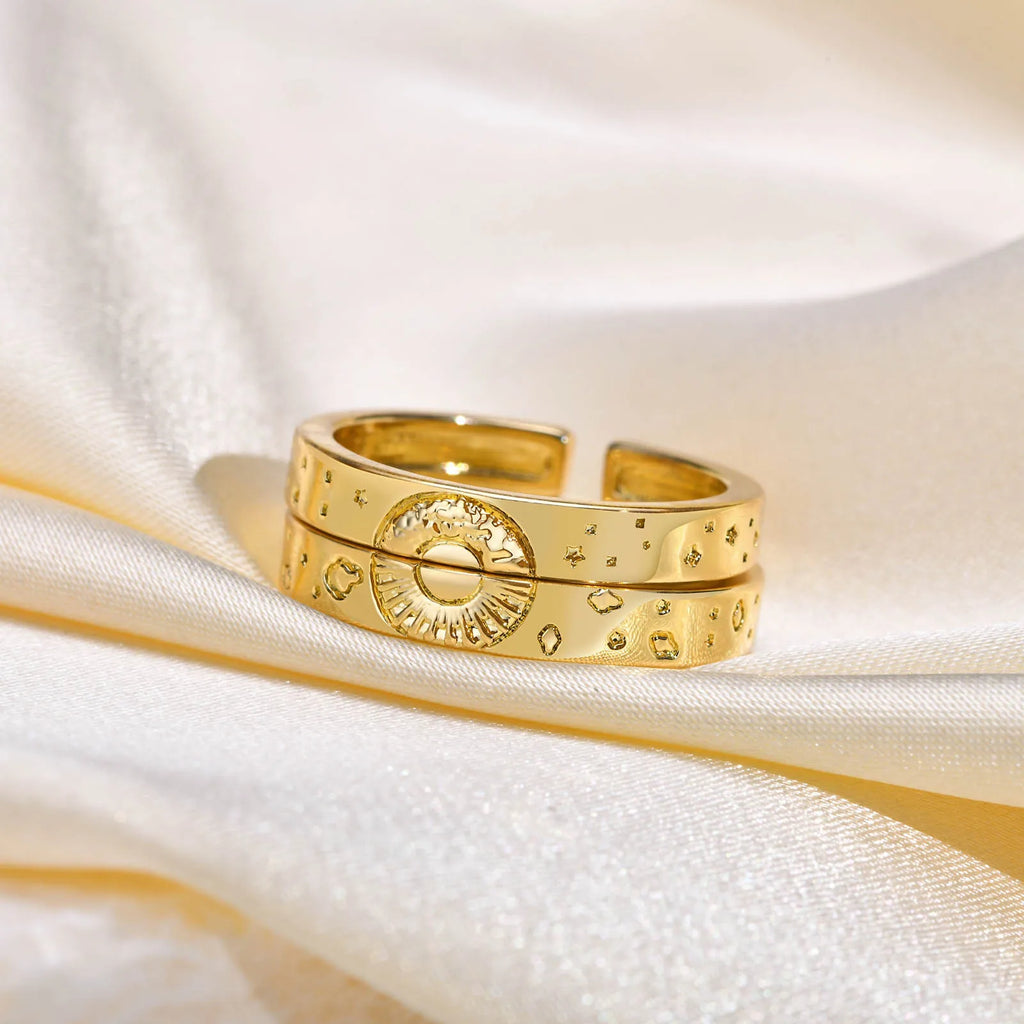 Sun & Moon Couple Matching Rings – Adjustable 18K Gold Pair Couple Matching Rings SPOT