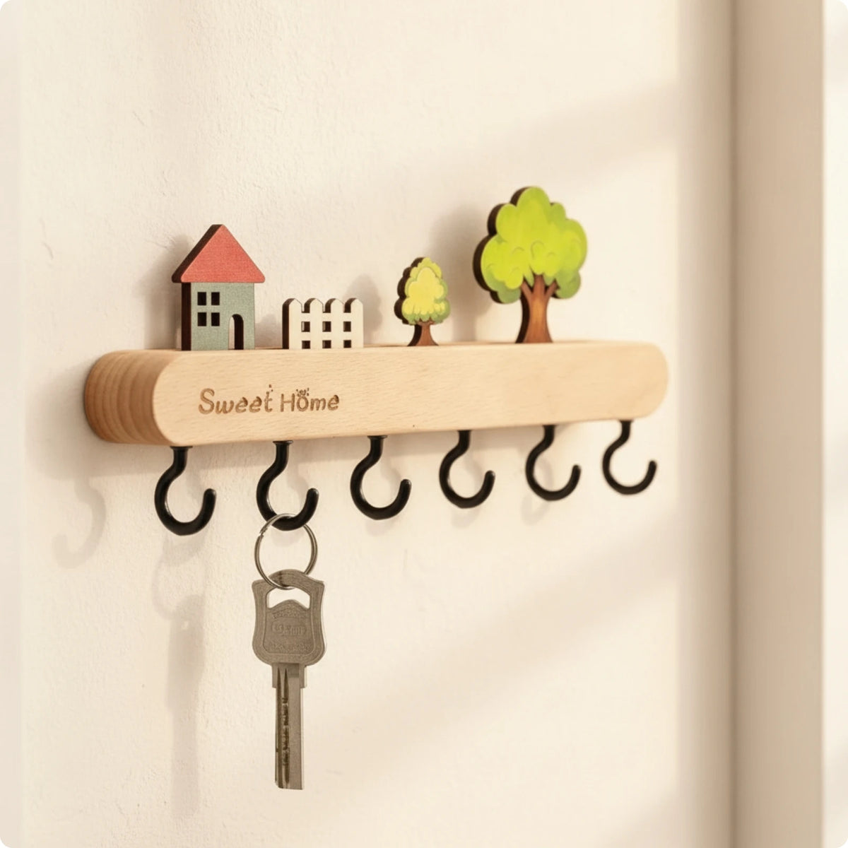 Wooden Key Hook Rack with 6 Hooks – Home Sweet Home Wall Hanger Wall Key Rack SPOT Black