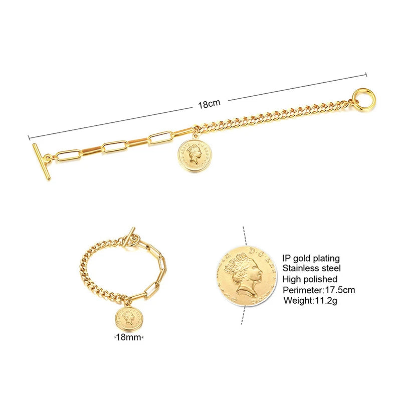 Queen Coin Medallion Chunky Chain Bracelet – Stainless Steel Chain Link Bracelet SPOT