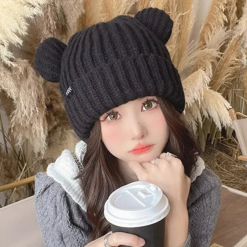 Y2K Bear Ears Knitted Beanie – Cute Soft Plush Winter Hat Knitted Beanie Hat SPOT