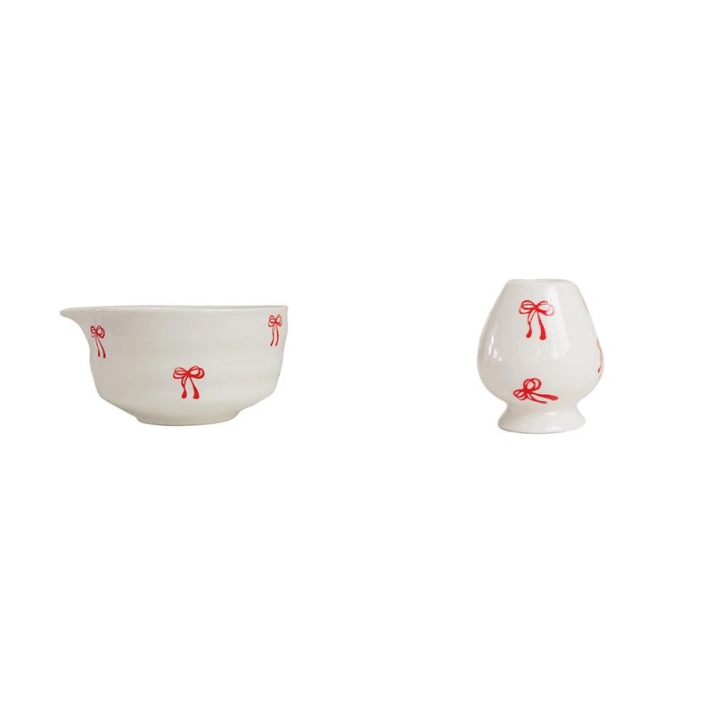 Ceramic Red Bowknot Matcha Bowl Set – 2 or 3 Piece Tea Set Matcha Tea Set SPOT 2Pcs