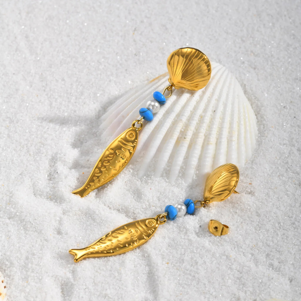Gold Fish Drop Earrings – Turquoise Pearl Shell | Waterproof Drop Earrings SPOT