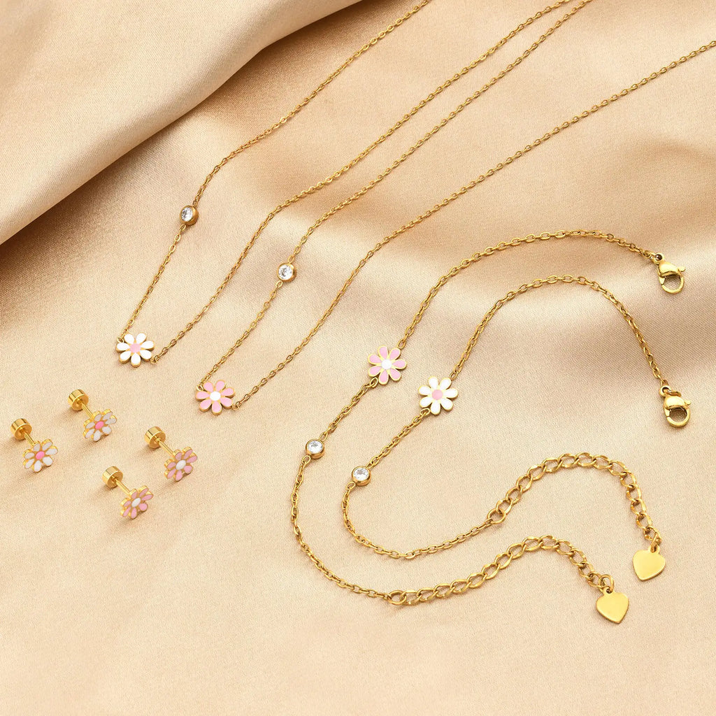Enamel Daisy Flower Necklace – Stainless Steel CZ Chain Pendant Necklace SPOT