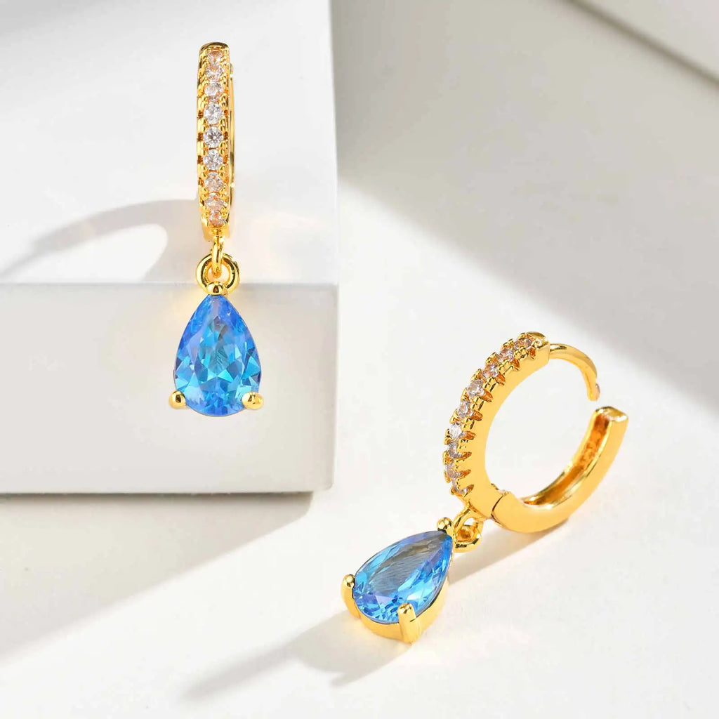 Birthstone Teardrop Dangle Hoop Earrings – CZ Huggie Hoops Huggie Hoop Earrings SPOT