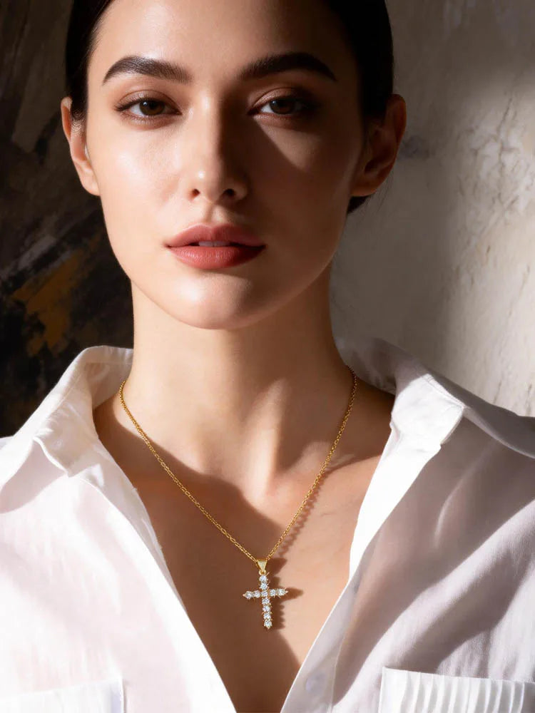 Cubic Zirconia Cross Pendant Necklace – Gold, Women Pendant Necklace SPOT