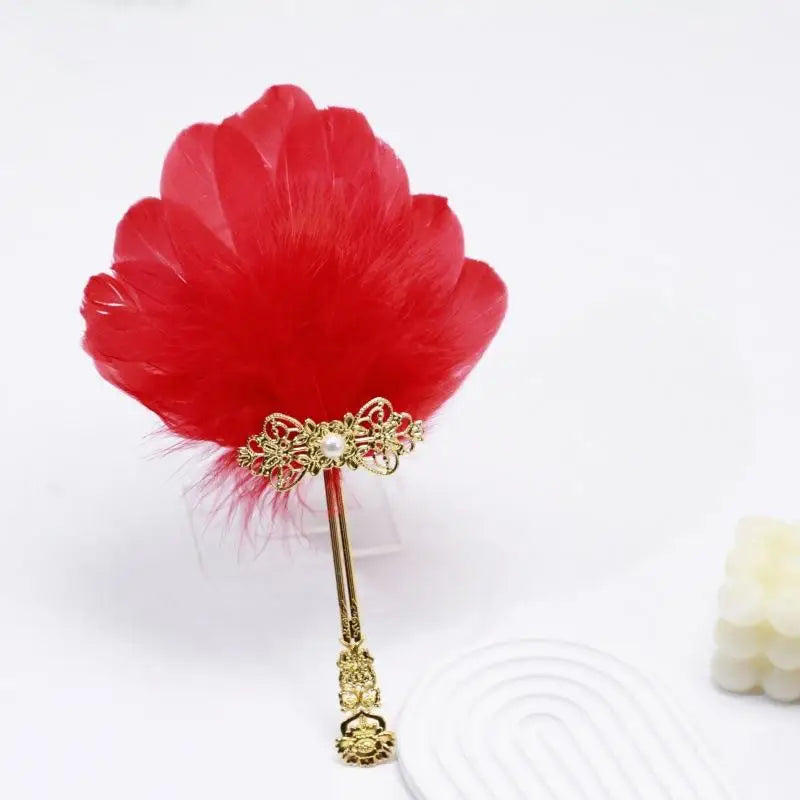 Vintage Fluffy Feather Fan Gold Handle – Stage, Party & Cosplay Decorative Feather Fan SPOT Red