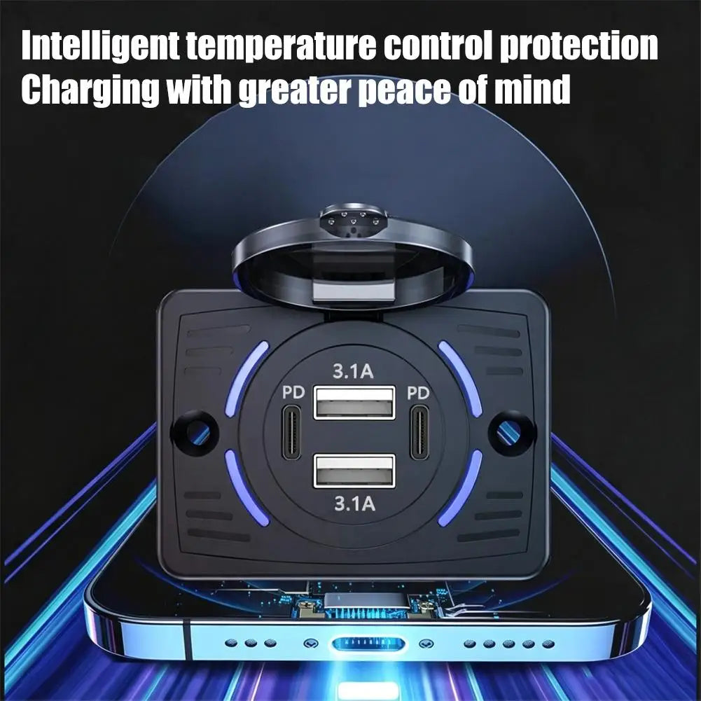 4-in-1 Car Charger QC3.0 + PD USB with Lid | 12V/24V RV Truck Car USB Charger SPOT