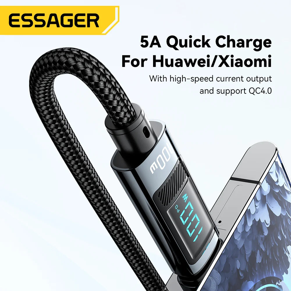 Essager 100W USB-C Cable 90° LED Display 5A PD Fast Charging USB-C Charging Cable SPOT