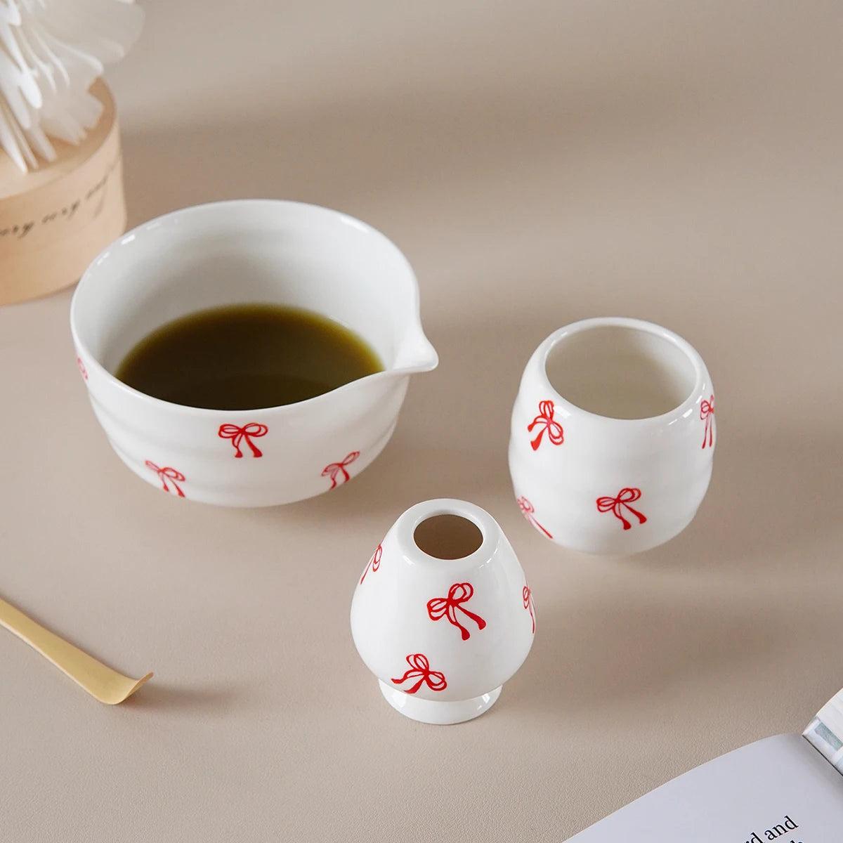 Ceramic Red Bowknot Matcha Bowl Set – 2 or 3 Piece Tea Set Matcha Tea Set SPOT