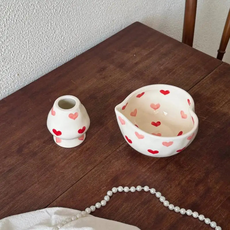 Heart Ceramic Matcha Bowl & Whisk Holder Set – Hand-Painted Ceramic Tea Set SPOT A9