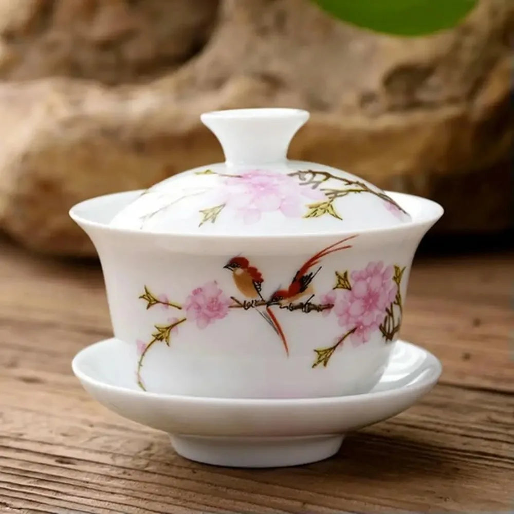 Chinese Porcelain Sancai Gaiwan Set – 3-Piece Bird-Flower Tea Bowl Porcelain Gaiwan Set SPOT