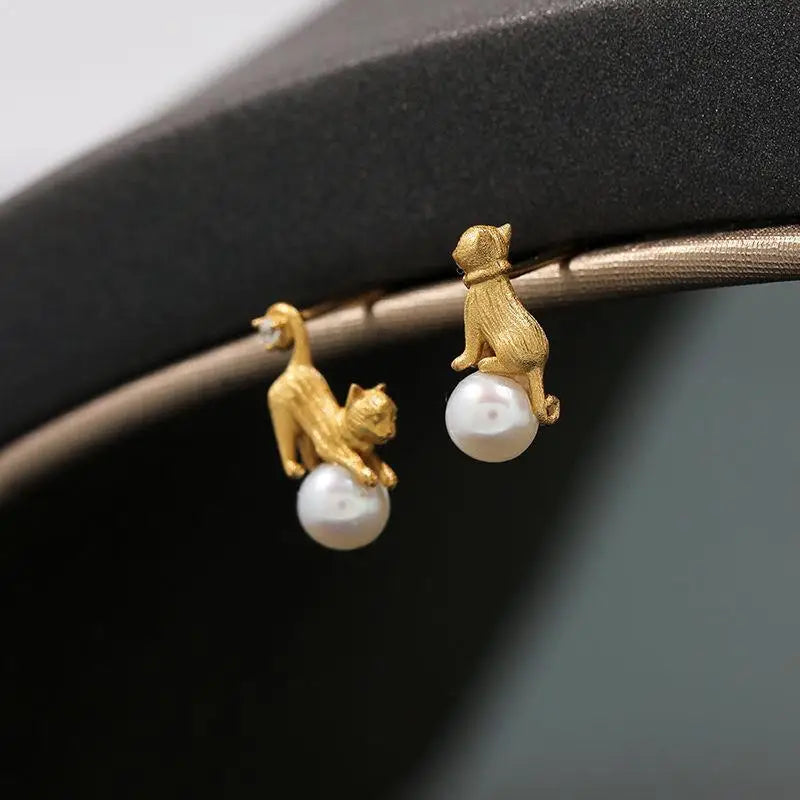 Funny Cat Pearl Stud Earrings – Asymmetric Animal Jewelry Stud Earrings SPOT Default Title