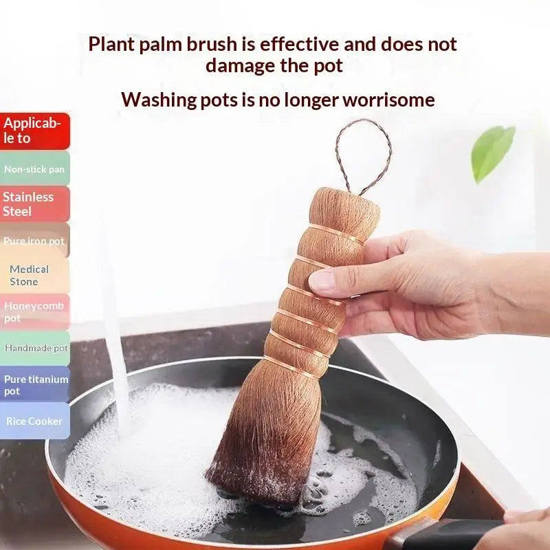 Long Handle Palm Pot Brush – Natural Wok & Pan Cleaner Kitchen Cleaning Brush SPOT