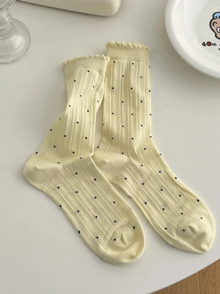 Women's Polka Dot Cotton Crew Socks – Kawaii Harajuku Style Women's Crew Socks SPOT Yellow 35-39