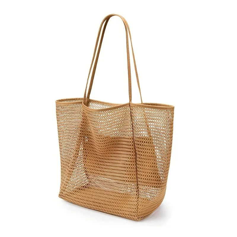 Women's Large Capacity Beach Tote Bag – Woven Polyester Beach Tote Bag SPOT light brown