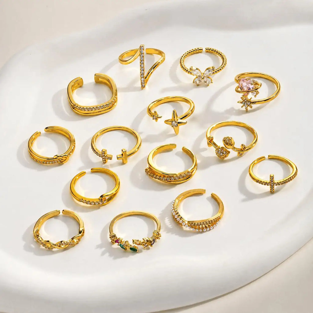 5-Piece Gold CZ Geometric Adjustable Ring Set for Women Fashion Ring Set SPOT