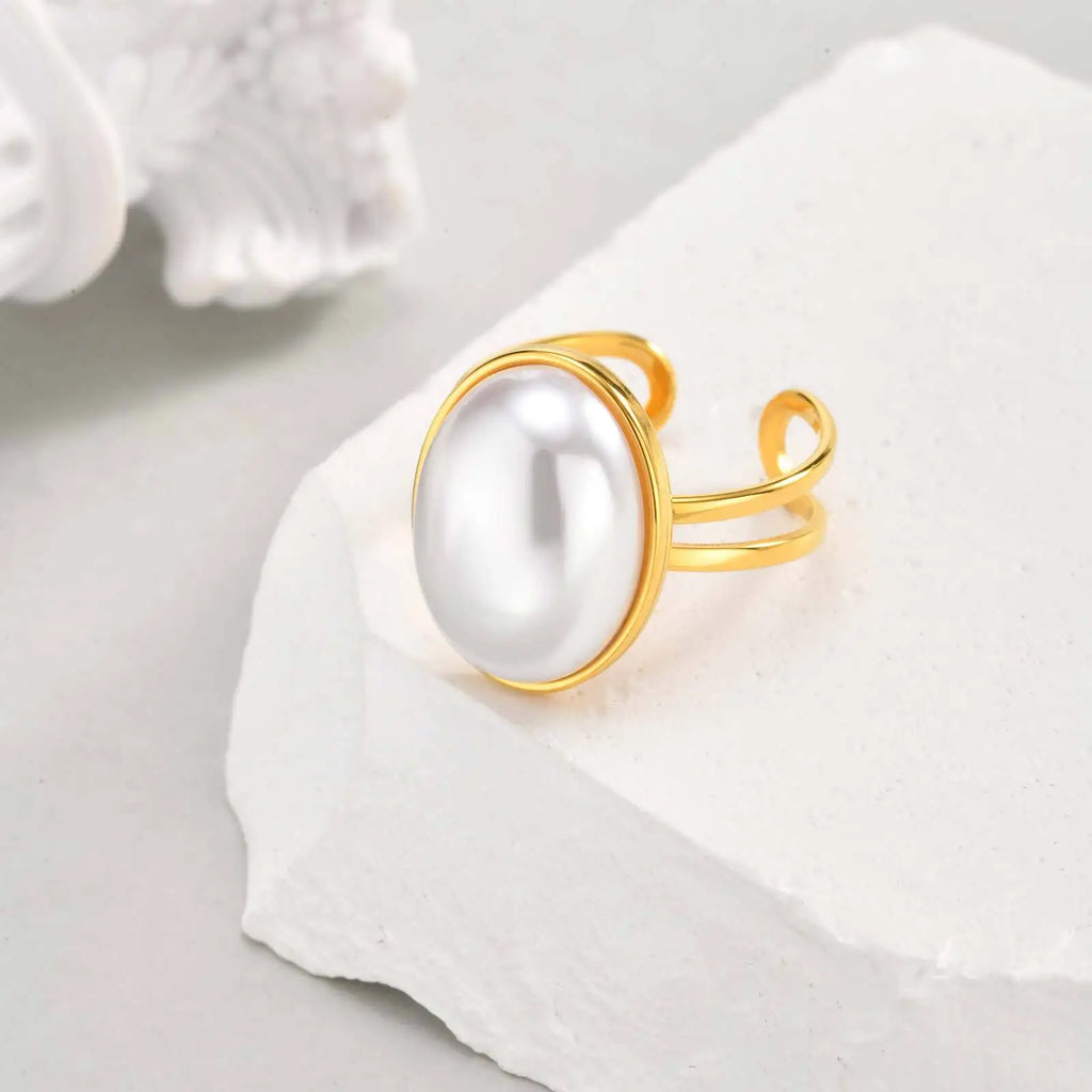 Pearl Ring for Women – 18K Gold Plated Open Band | Stainless Steel Pearl Fashion Ring SPOT