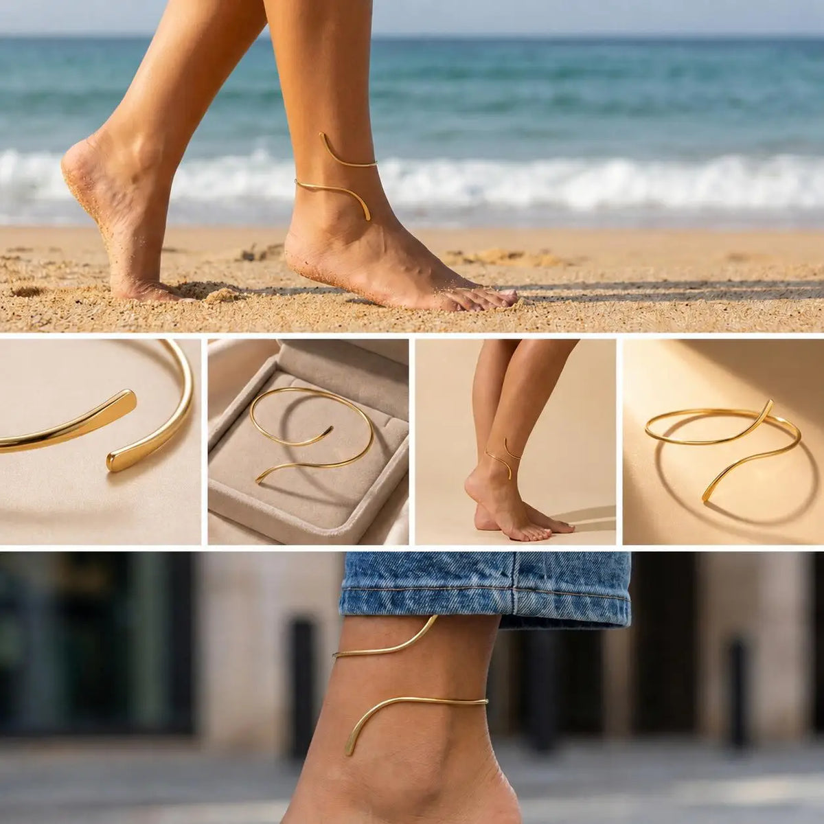 Gold Plated Adjustable Open Cuff Anklet | Minimalist Foot Chain Ankle Bracelet SPOT