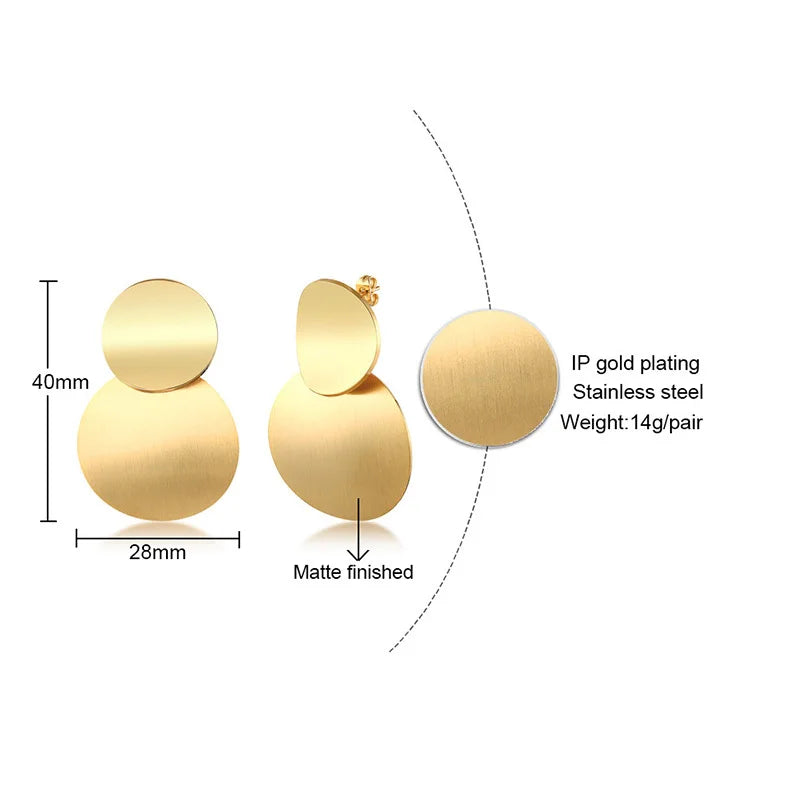 Women's Double Disc Drop Earrings – 14K Gold Plated Steel Drop Earrings SPOT