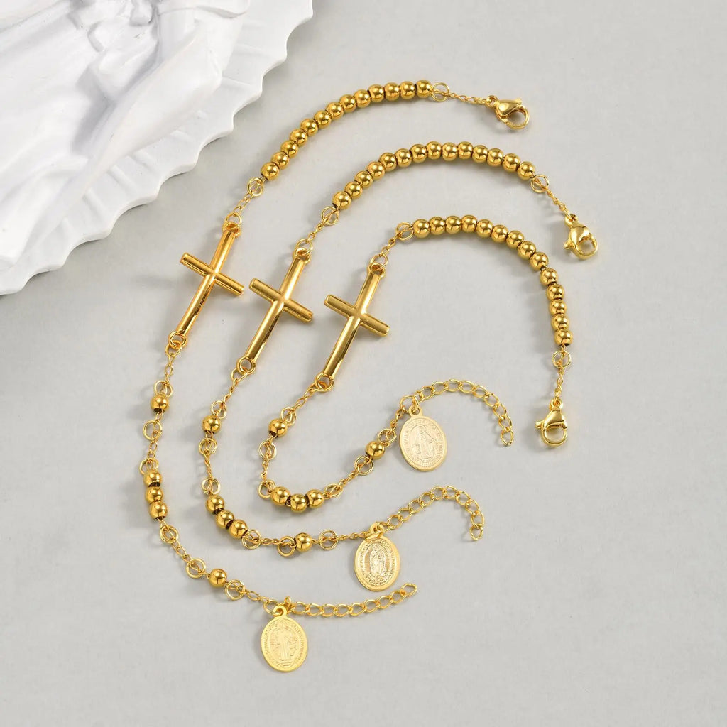 Virgin Mary Cross Bracelet – Triple Tone Rosary Bead for Women Religious Bracelet SPOT