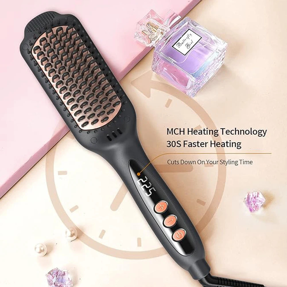 2-in-1 Ionic Ceramic Hair Straightener Brush | LCD, 60W Hair Straightener Brush SPOT