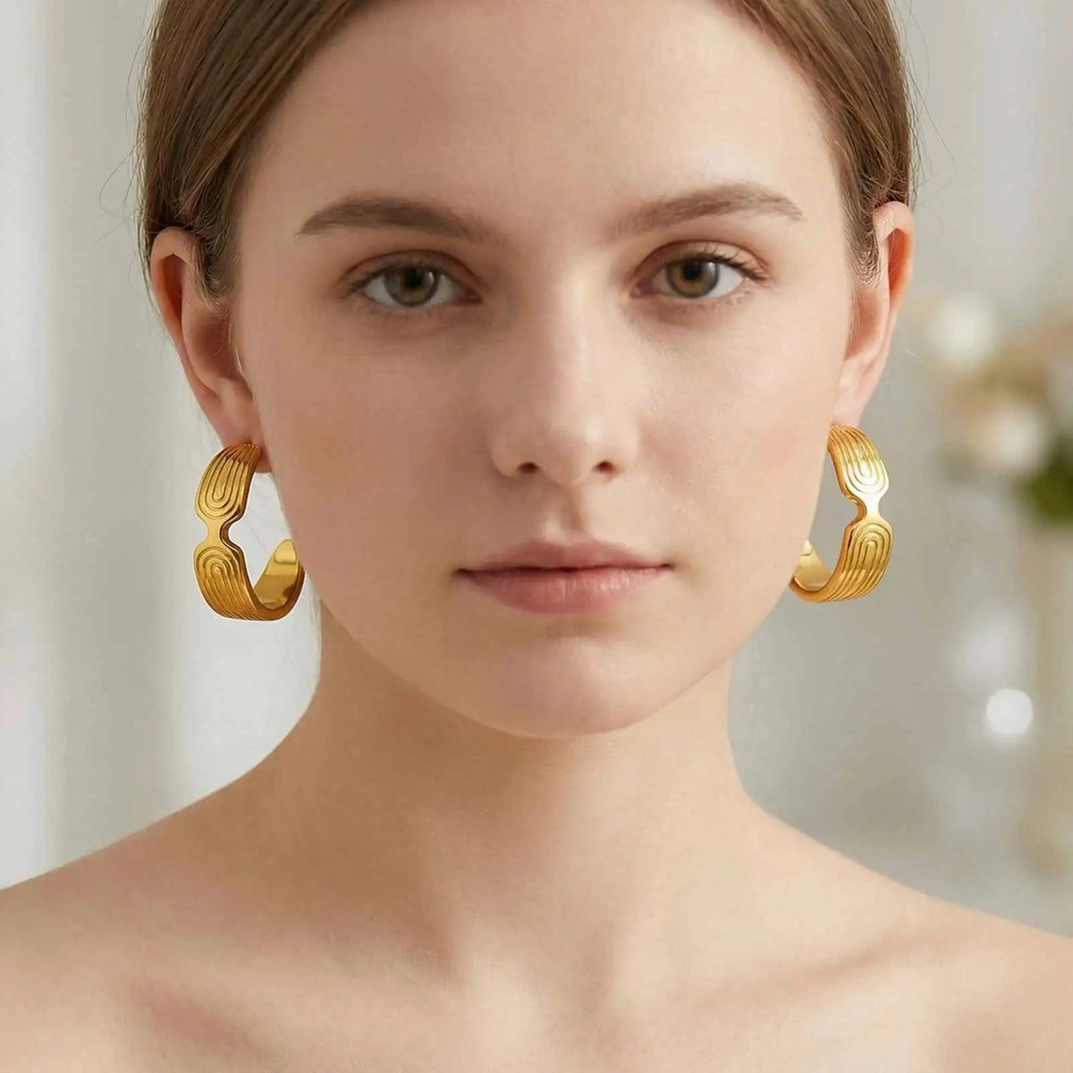 Gold C-Hoop Earrings – Textured Stainless Steel, Hypoallergenic Hoop Earrings SPOT