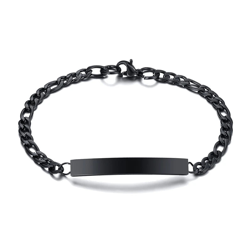 Custom Engraved Figaro Link ID Bracelet – Stainless Steel ID Bar Bracelet SPOT No need engraved b
