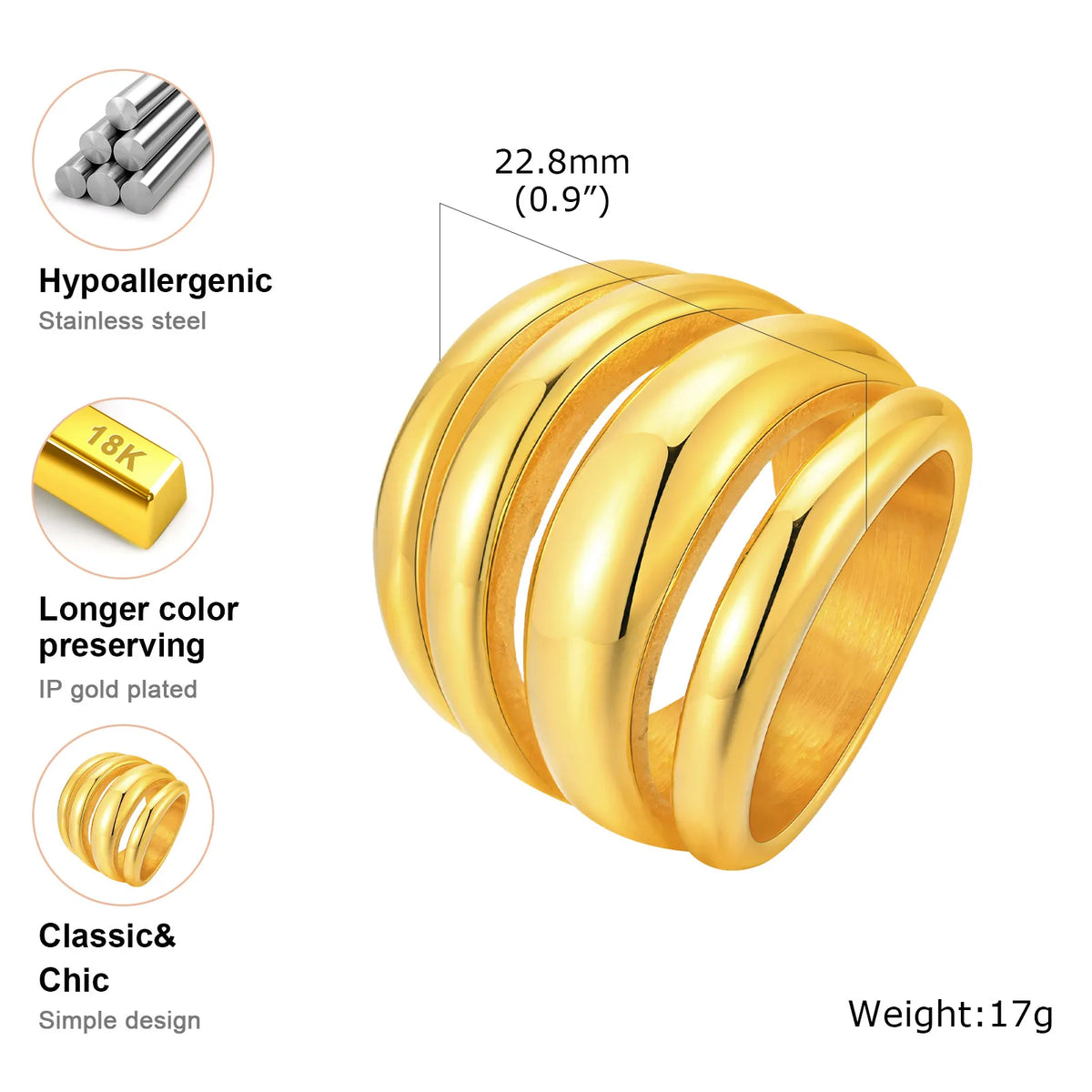 Multilayer Chunky Ring 18K Gold Plated Stainless Steel Women Gold Plated Ring SPOT RC-650G US RIng Size 07