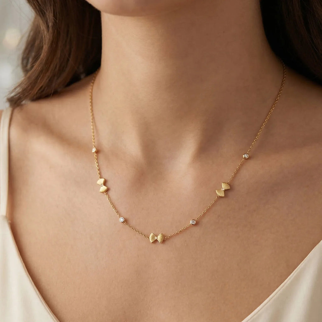 Bowknot Zircon Necklace 18K Gold Plated Stainless Steel Women Pendant Necklace SPOT Default Title
