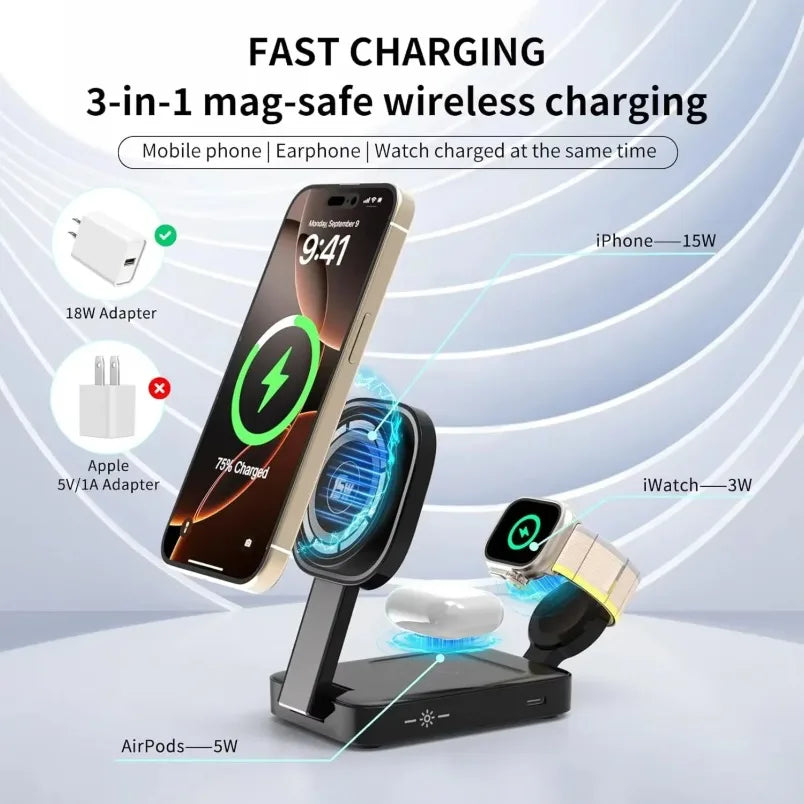 VIKEFON 3-in-1 Magnetic Wireless Charger – iPhone, Watch & AirPods Wireless Charging Station SPOT